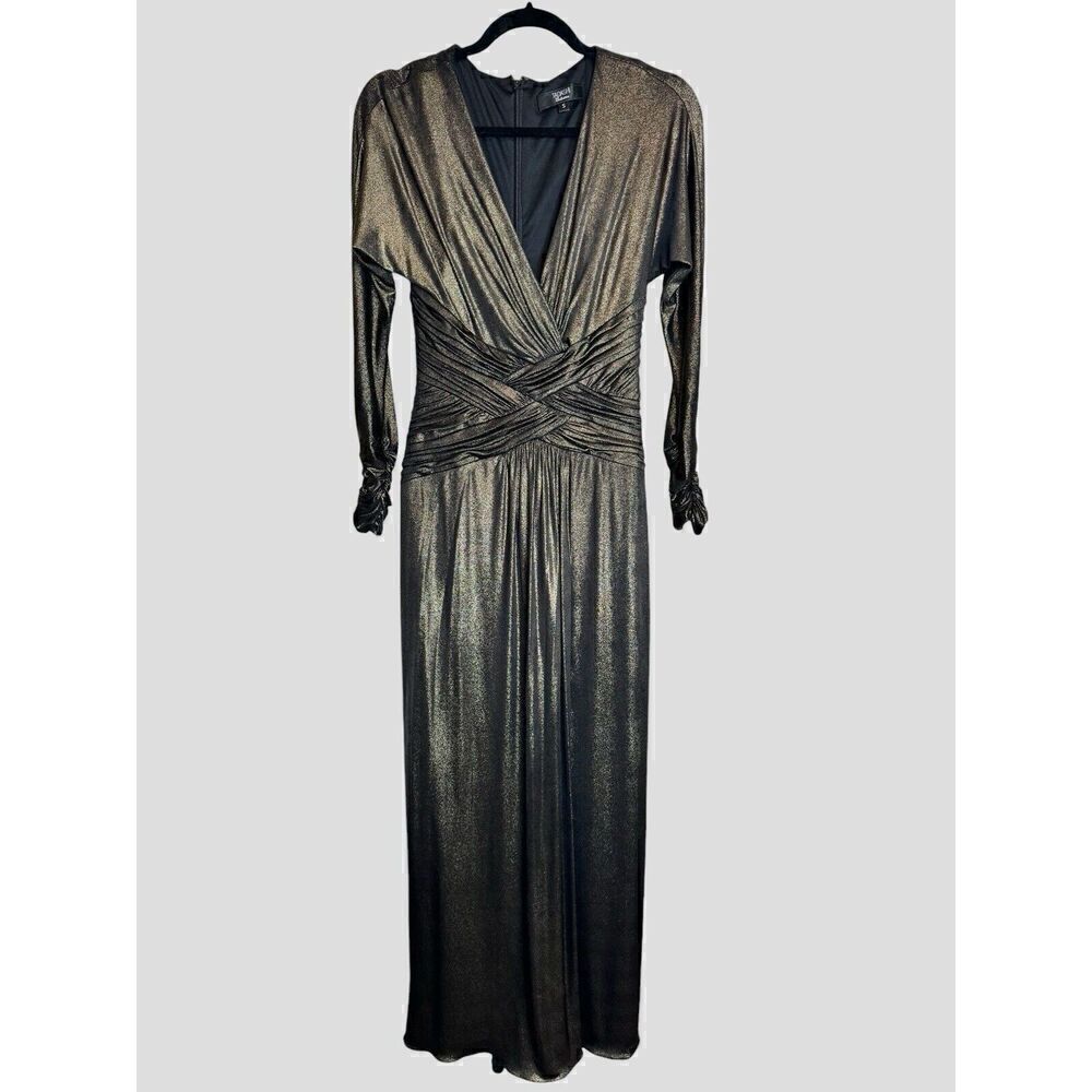Tadashi Shoji Ellery Metallic Gold Draped Long Sleeve Jersey Gown Sz S Designer